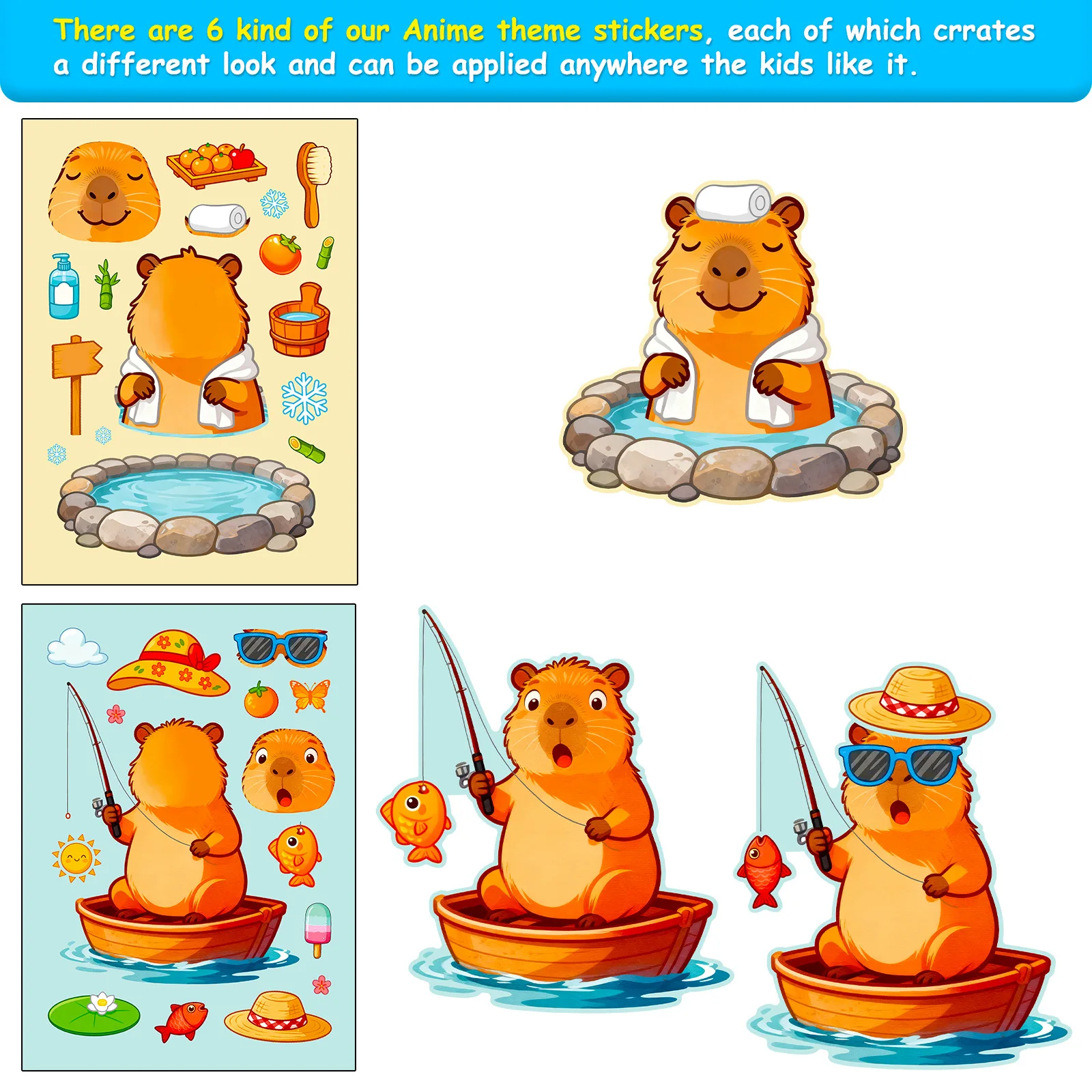 6/12 ورقة كابيبارا الحياة جعل وجه لغز ملصقات الاستحمام في عطلة الكرتون ملصق DIY الأمتعة الهاتف الغيتار ألعاب أطفال