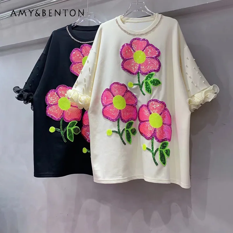 

2024 Summer New Unique Design Heavy Industry Rhinestone Sequined Flower Tees Loose T-shirt Women's Mid-Length Y2k Top Streetwear