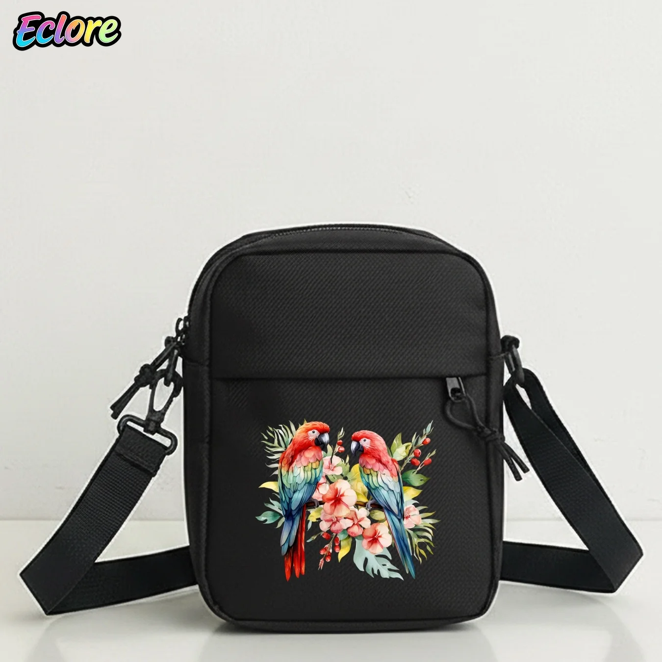 Vibrant Watercolor Floral Parrot Print Shoulder Bag Adjustable Strap Zipper Tote Stylish Handbag for Work Travel School Daily
