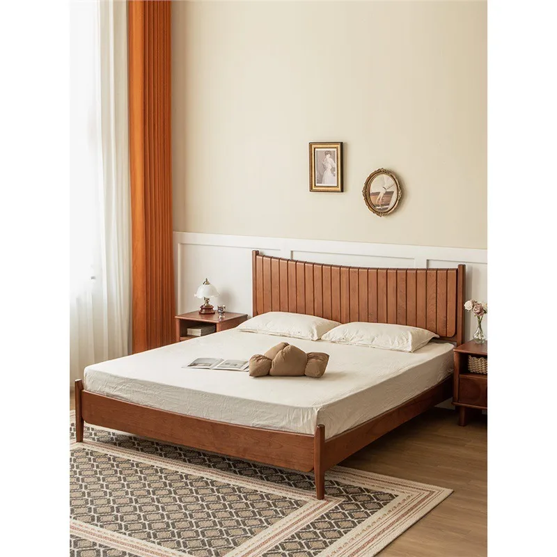 Medieval retro cherry wood solid wood bed, French simple master bedroom double bed