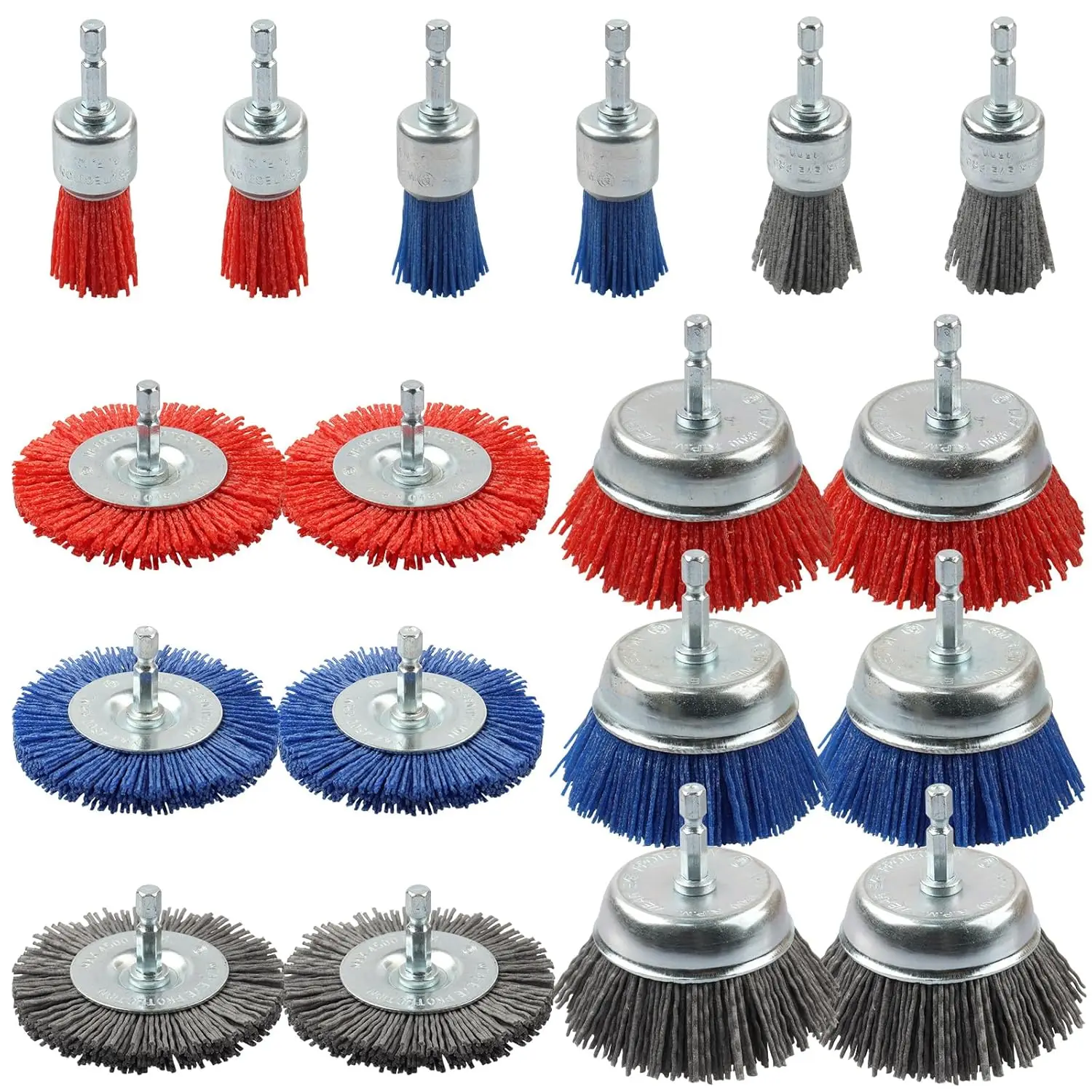 

Набор из 18 нейлоновых абразивных щеток с шестигранным хвостовиком для удаления ржавчины, коррозии и краски - зернистость 80/120/240