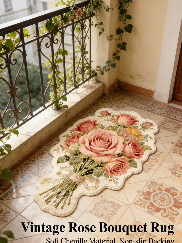 Ins Style French Garden Rose Bouquet Rug, Aesthetic Shaped Floor Mat, Non-Slip Washable Doormat for Bedroom Balcony