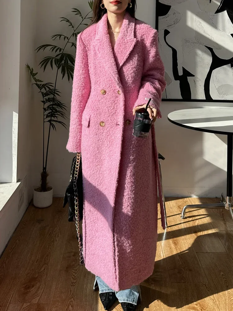 High-end Mohair Thick Wool Cashmere Circle Fur Coat Lengthen Women Loose Fashion Lapel Double Breasted Woolen Coat Autumn Winter