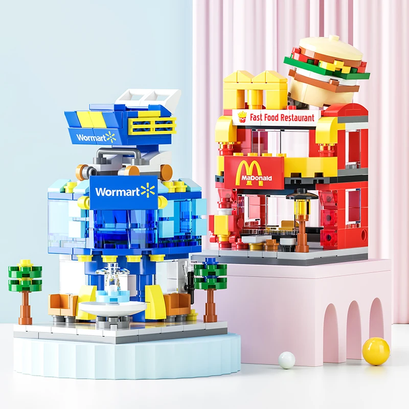 Creativo Mini Negozio Caffè Hamburger Negozio Snack Bar Building Blocks Città Street View Casa da gioco Assemblare Mattoni Giocattolo in miniatura per ragazze