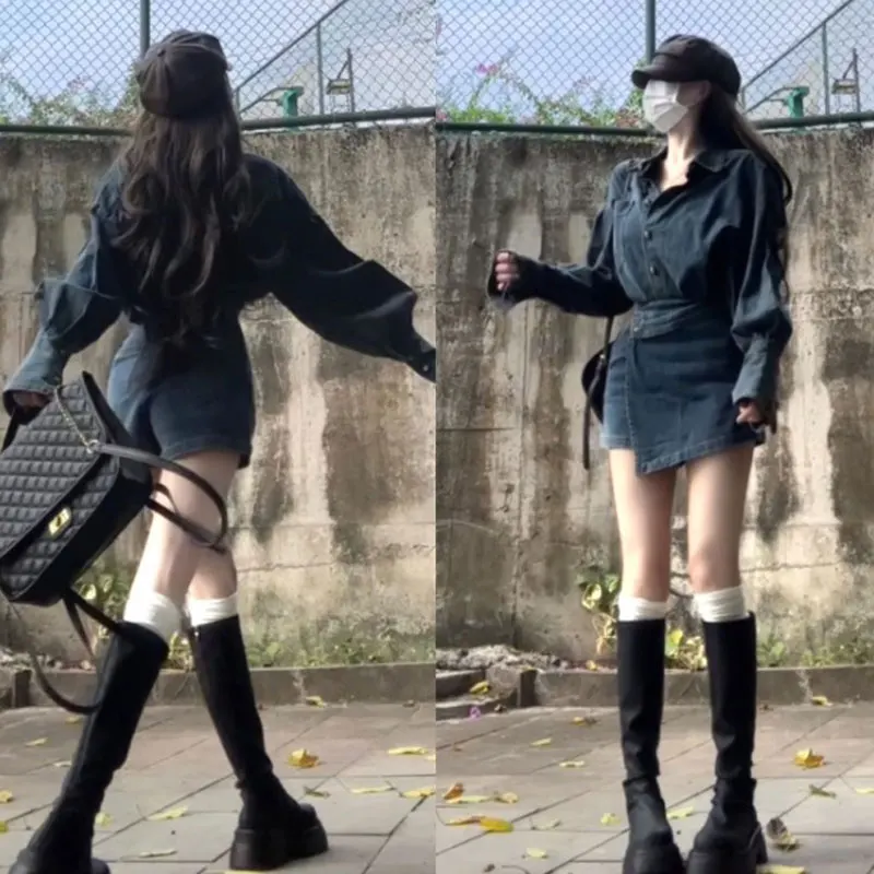 

Spring Fashion Korean Style Chic Denim Shirt And Skirt Set Women's Short Sleeve Shirt Comfortable Cotton Blend