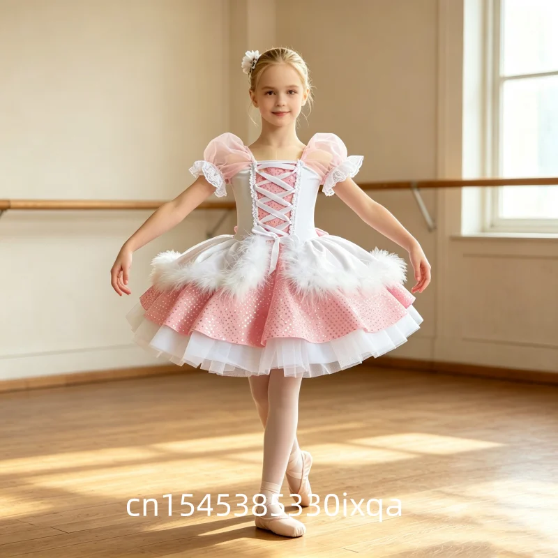 Girl Rabbit Child Polka Dot Ballerina Mesh Skirt Glitter Romantic Tutu Ballet Professional Pink Costume with Flower Performance