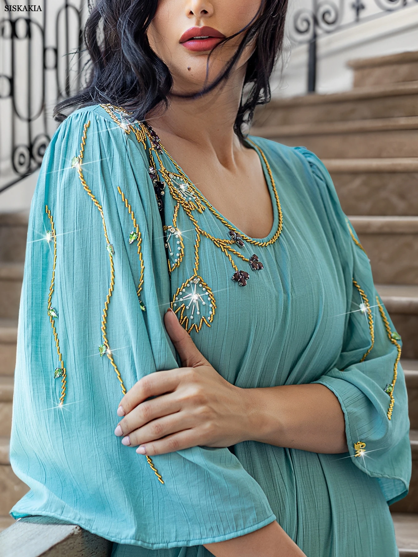 Siskakia Dubai elegante vestido de noite feminino com miçangas e gola redonda 	 Abaya Três Quartos Kaftan Flare Manga Caftan Marocain Femme