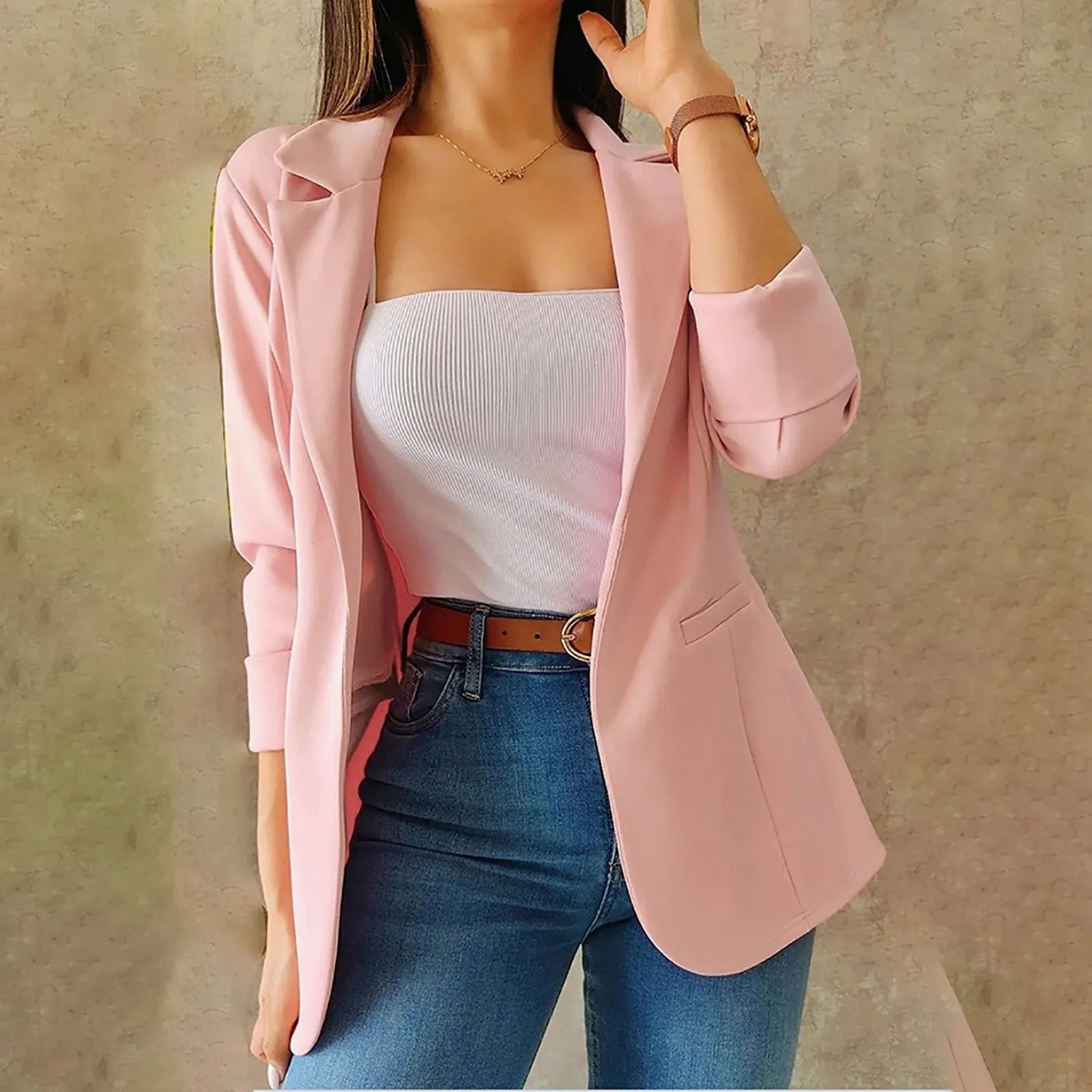 Women'S Office Elegant Pure Color Long Sleeve Coat Women Spring Autumn Casual Pocket Suit Jacket 2024 Solid Open Stitch Coats