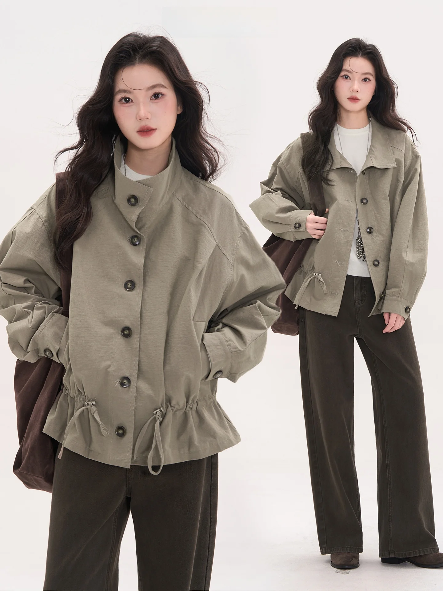 

Retro Sle Women's Windbreaker Jaet with Dstring And Single Button Waist-Cinching Space Walk Autumn Faion Outerwear