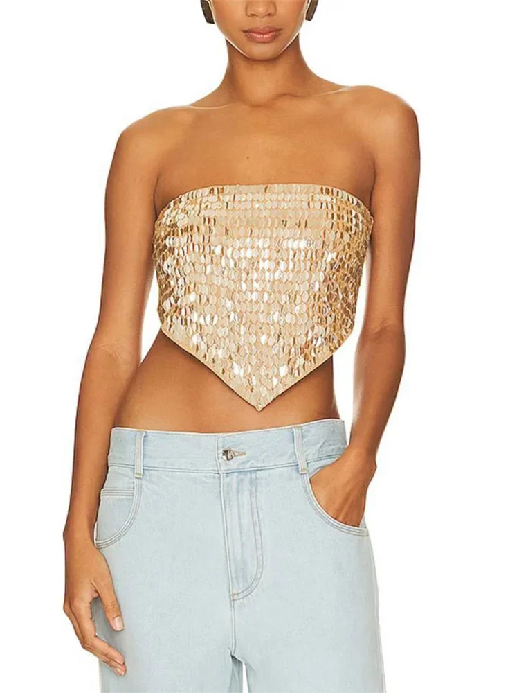 Verão sexy lantejoulas colete superior feminino sem costas praia férias roupas recortadas y2k tubo topos retalhos brilhante regata feminina