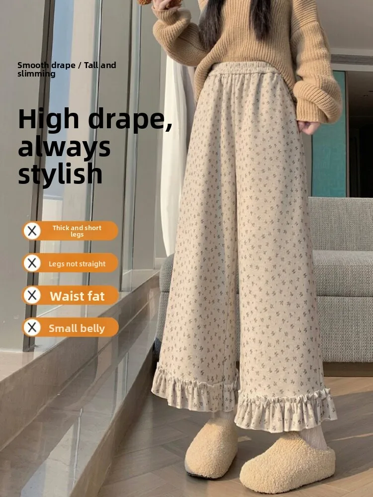 Thiened Fce Wide Leg Pants Women's Winter High Waist Elastic Waist Floral Print Casual Trousers Nine Points Pants