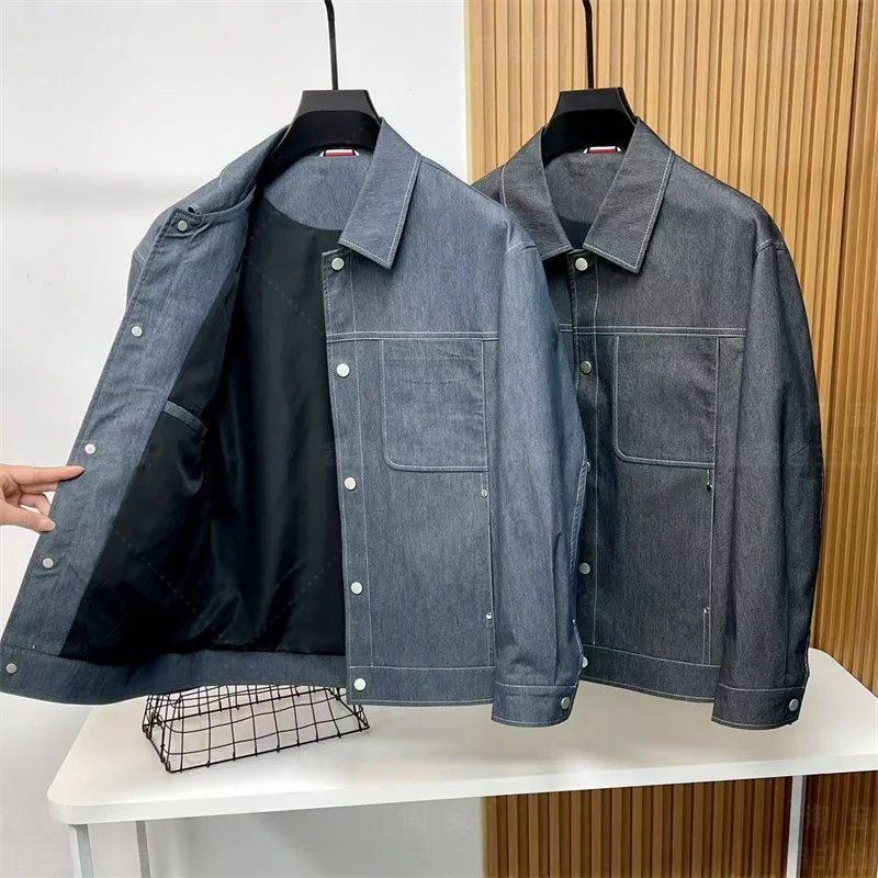 

Мужская свободная джинсовая куртка из хлопка на весну-осень, новая повседневная модель с длинными рукавами и воротником-стойкой, молодежная, популярная, модная