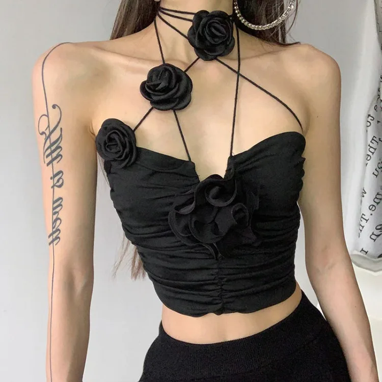 Elegant Vintage Sexy Black Rose Halter Camisole Tops All-match Hollow Out Tank Top 2025 Summer New Slim Fit Vest for Women