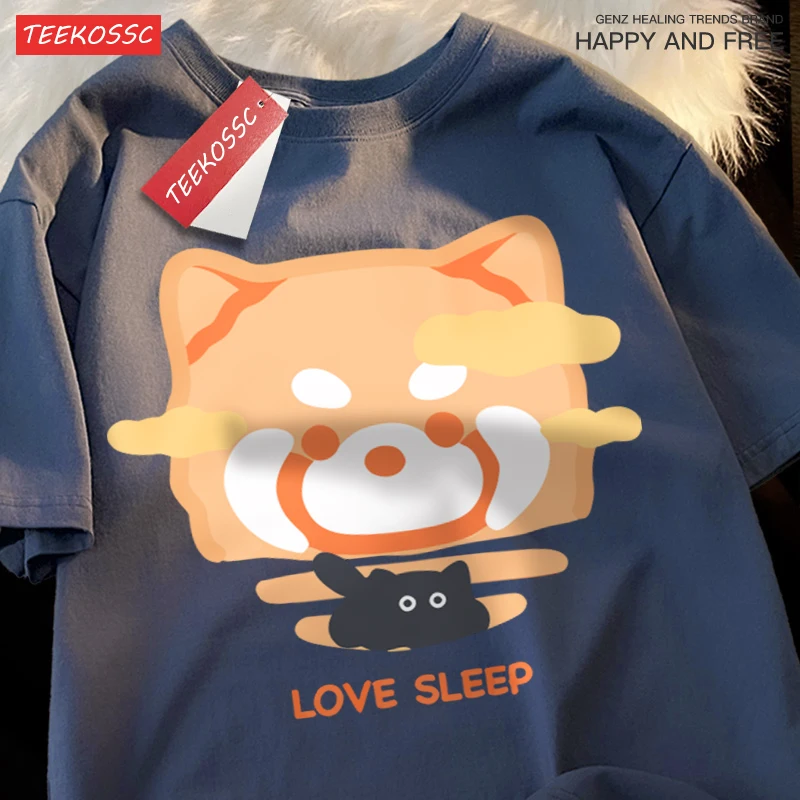 Casual Cotton Man'S T-Shirts Cute Cats Love Sleep Printing Tee Shirts Soft Loose O-Neck Short Sleeve Street Female Clothes