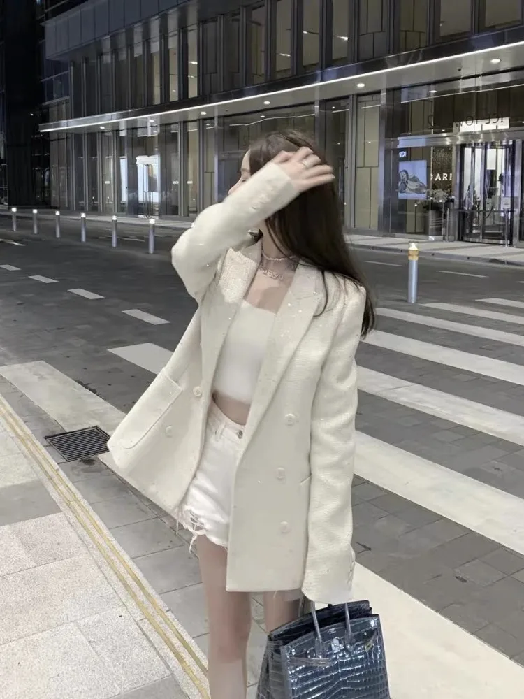 New Fashion Office Ladies Sequined Woolen Suit Jacket Elegant Long Sleeve Spring Autumn Double Breasted Blazers Top Women Coat