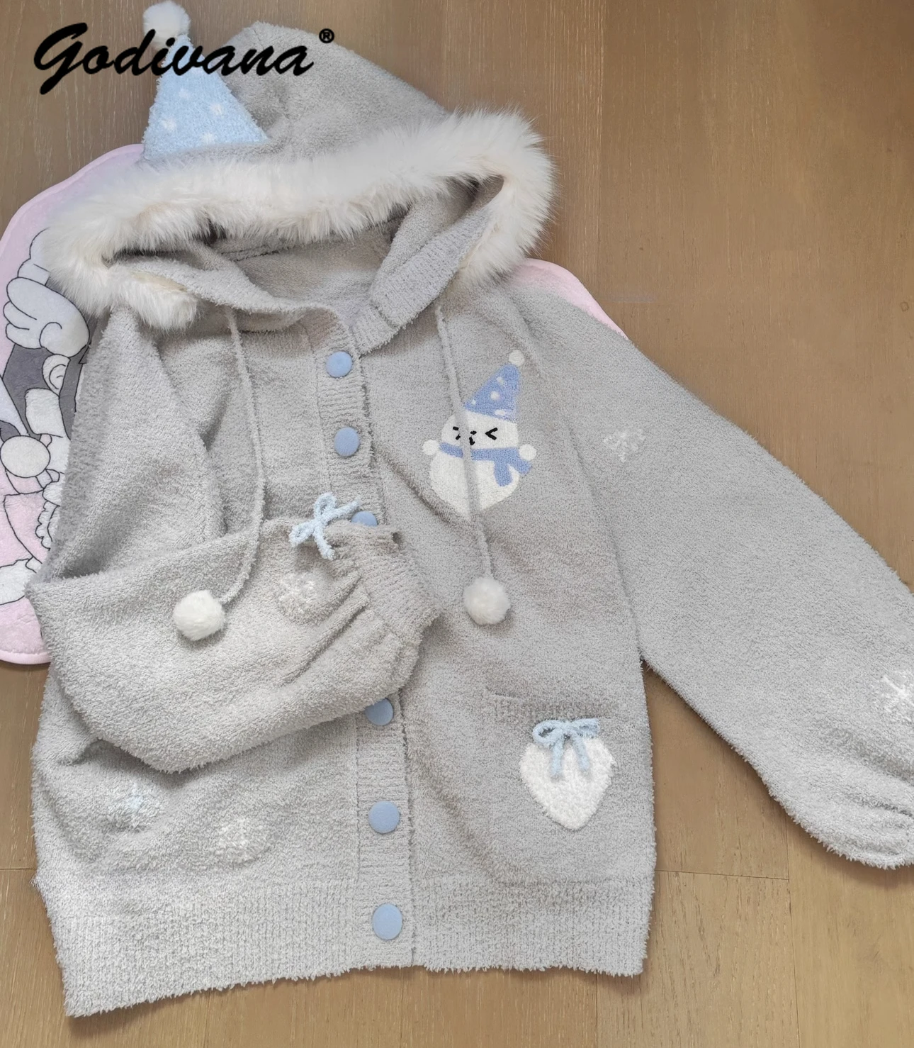 Original Snowman Sweater Jacket New Autumn Winter Girls Super Soft Fur Collar Water Color Fleece Hooded Knitted Coat Knitwear