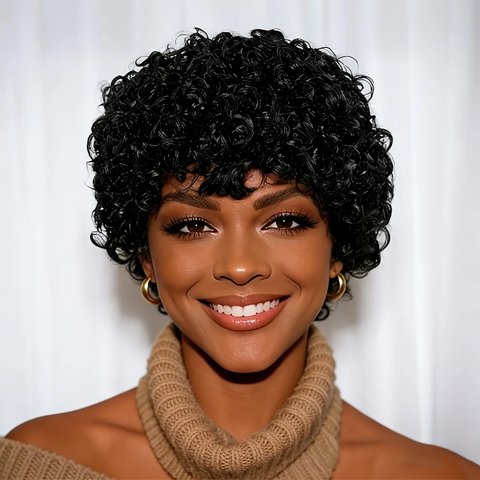 Brazilian Remy Human Hair Wig Curly Pixie Cut Wig Full Machine-Made Wig with Elastic Base Natural Look Design for Skin Tones &