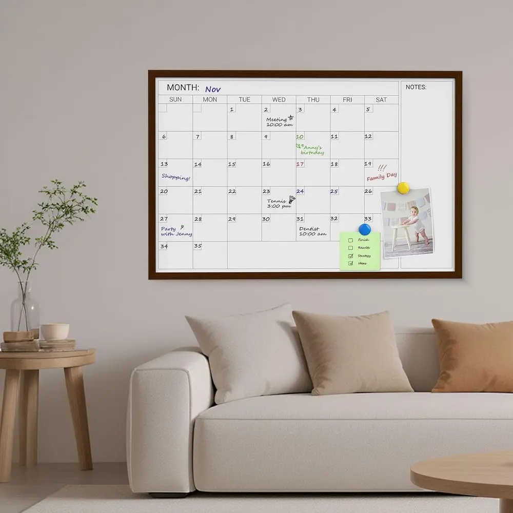 سبورة بيضاء بتقويم مغناطيسي جاف مقاس 36 × 24 بوصة مع إطار خشبي للمنزل والمكتب والمدرسة