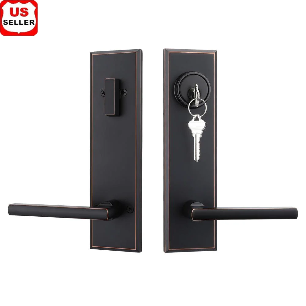 Oil Rubbed Bronze Entry Door Handle Set with Deadbolt Reversible Lever Keyed Lock Universal Fit 1-3/8