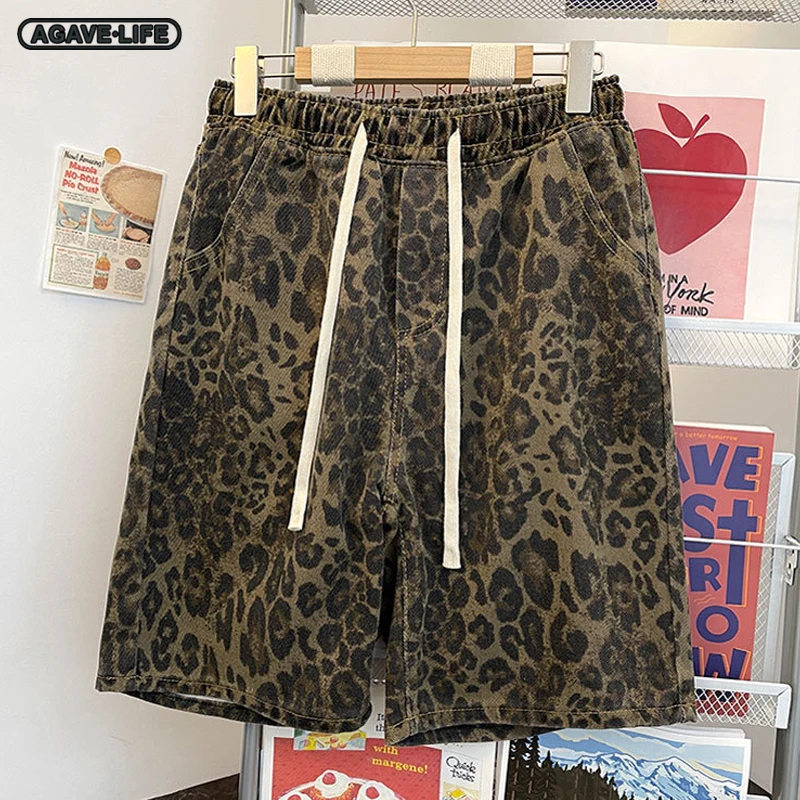 

American Retro Leopard Print Shorts Men's Summer Thin Loose Wide-leg Short Trousers For Male High Street Sport Straight-leg Pant