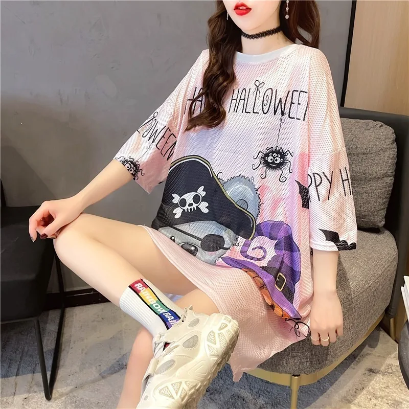 #4203 Summer Mesh T Shirt Women Loose Hollow Out Short Sleeve T Shirt Female O-neck Casual 3D Print Long T-shirt Loose Quick-dry