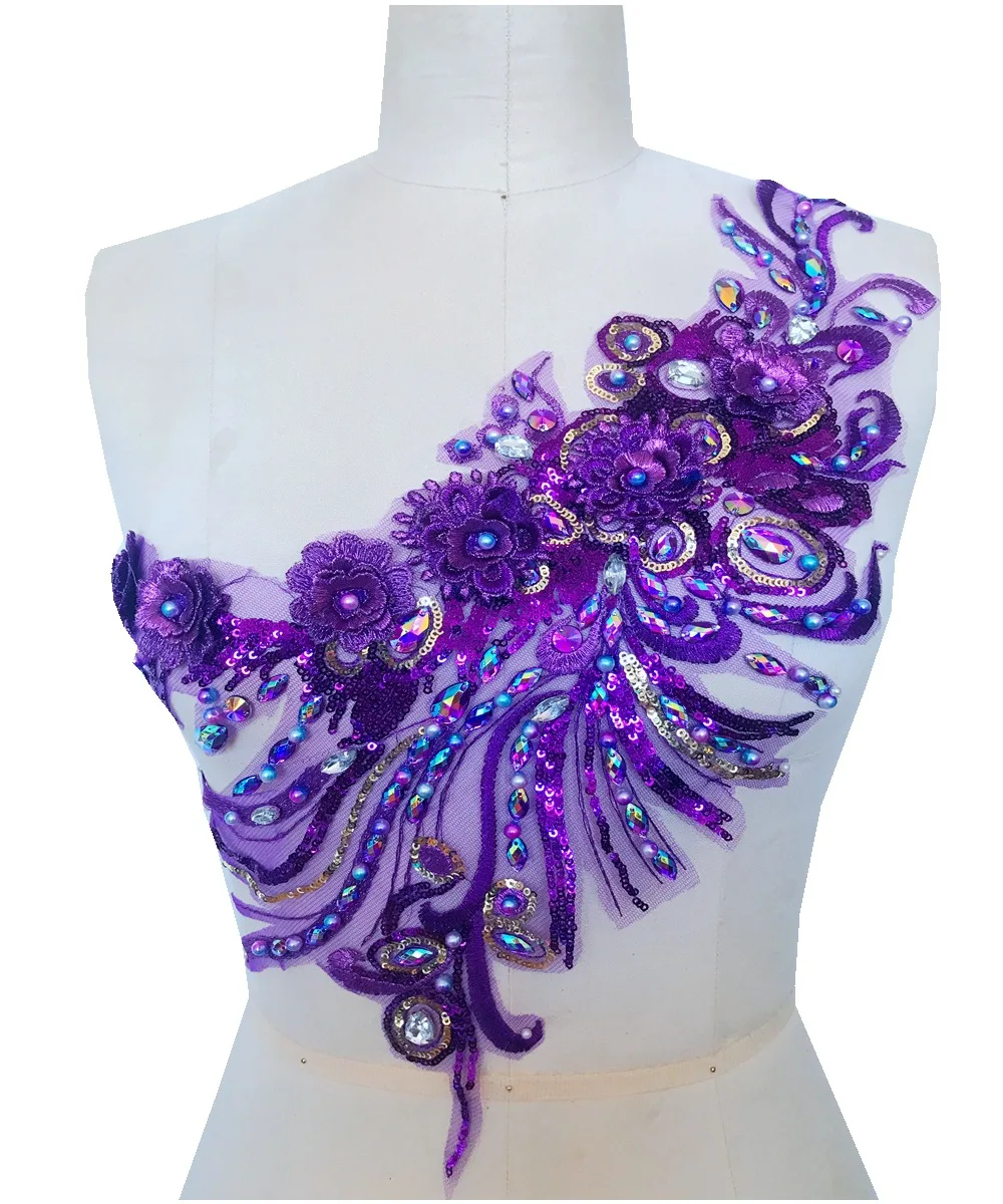 Beaded rhinestone applique three-dimensional lace flowers wedding dress embroidery fabric patch