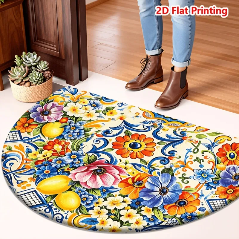 2D Flat Printing Half Round Doormat Mediterranean Lemon Floral Carpet Entrance Entryway Hallway Kitchen Bathroom Balcony Mat