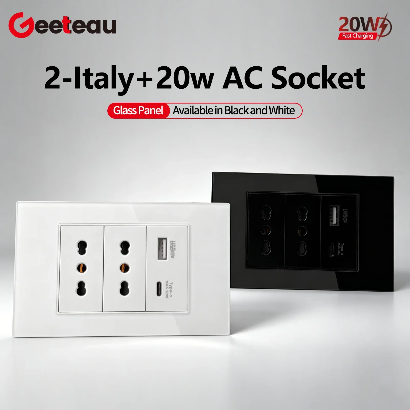 Geeteau Italy Chile Standard Double Socket USB Type C 20W Black White 118mm Glass Panel Wall Mount Electrical Outlet