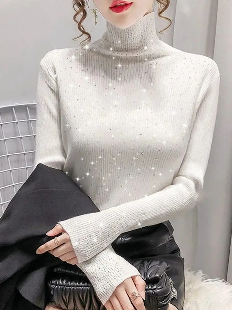 

Winter Bling Sweater for Women, Sparkling Diamond Knit Pullover with Turtleneck, Thick Warm Festive Holiday Top
