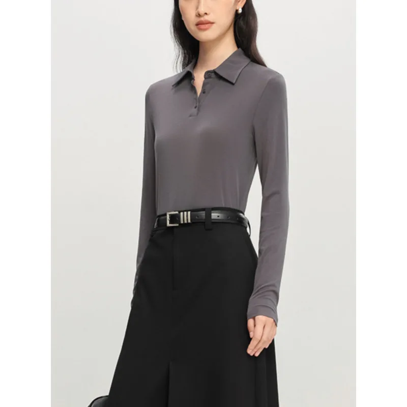 

Women Polo Long Sleeve T-shirt,6% Silk Non-ironing Slim Soft High Elasticity T-Shirt Basic Tops