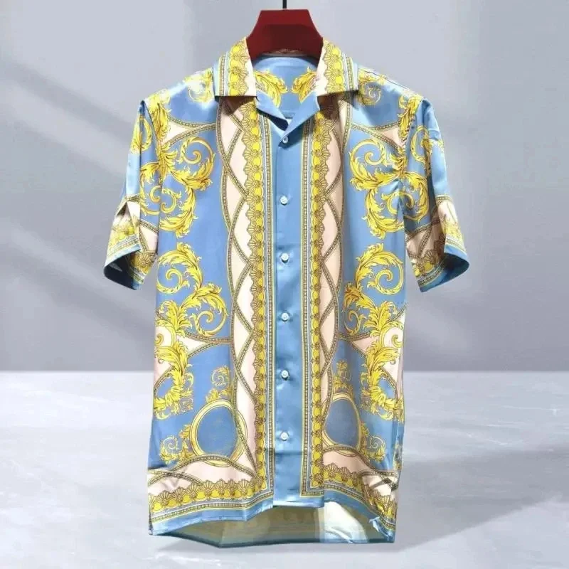 

2025 men's high-quality short sleeved shirt with luxurious golden Baroque string print, Cuban collar shirt, suitable for street