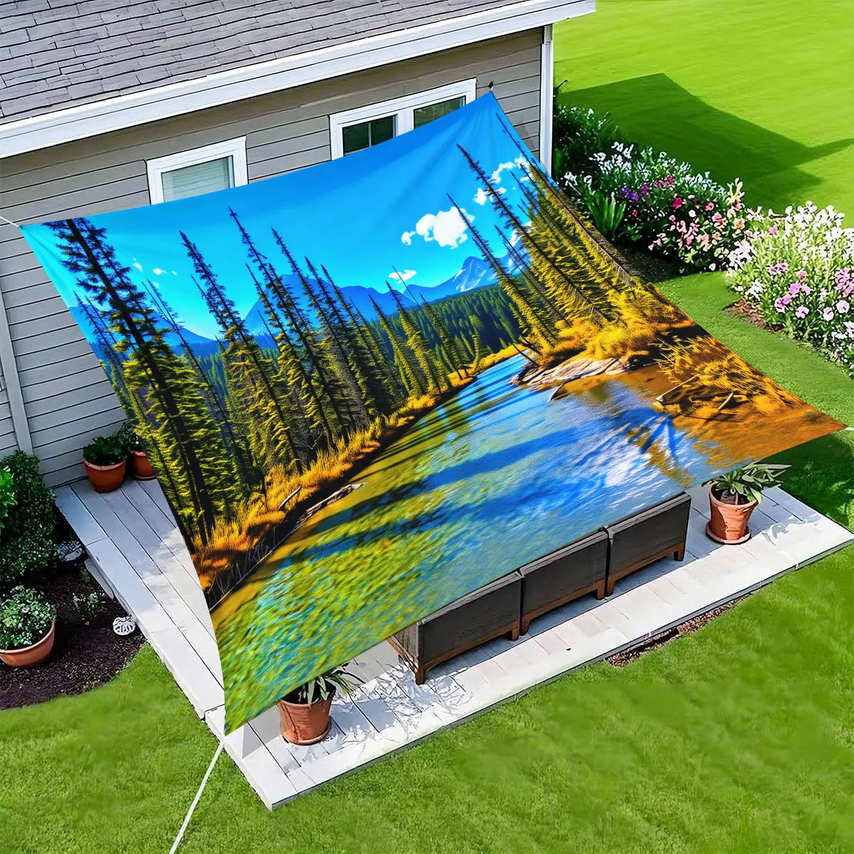 1 auvent extérieur et abri de jardin à thème paysage naturel paisible - Auvent anti-UV, facile à installer, idéal pour l'arrière-cour