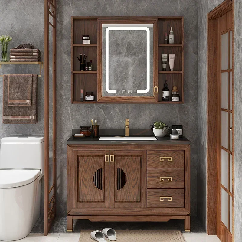 Vintage Oak Bathroom Cabinet, Solid Wood, Vanity Cabinet with Sink, Ceramic Washbasin Slate, Countertop Furniture