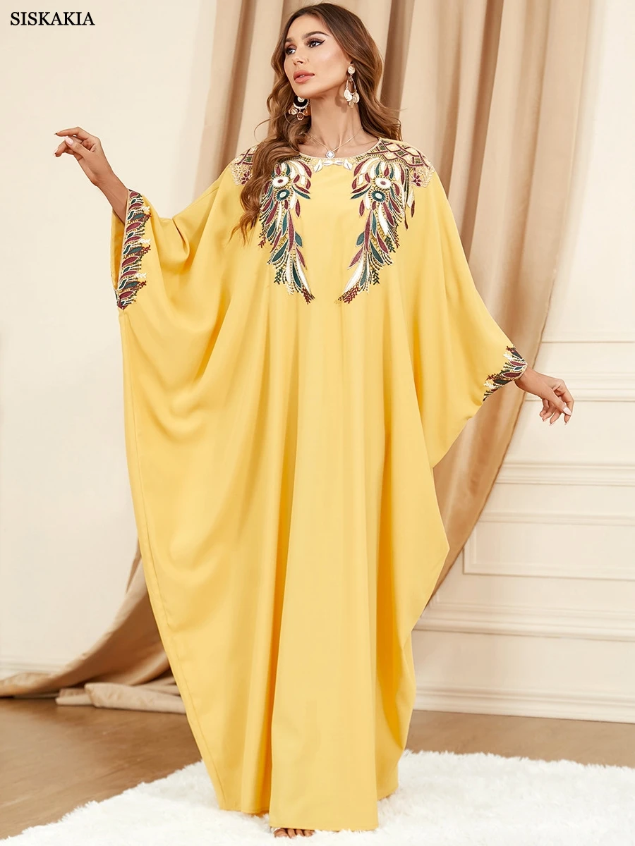 Abaya Pour Les Femmes Broderie Florale À Manches Chauve-Souris Robe Kimono Maroc Caftan Dubaï Robes De Luxe Pour La Fête