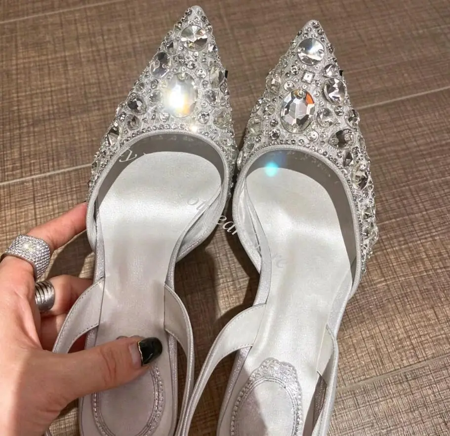 Red White Diamond Rhinestone 10 8 6 CM Thin Heels Sandals Sexy Back Strap Pointed Toe Bling Crystal Women Wedding Shoes