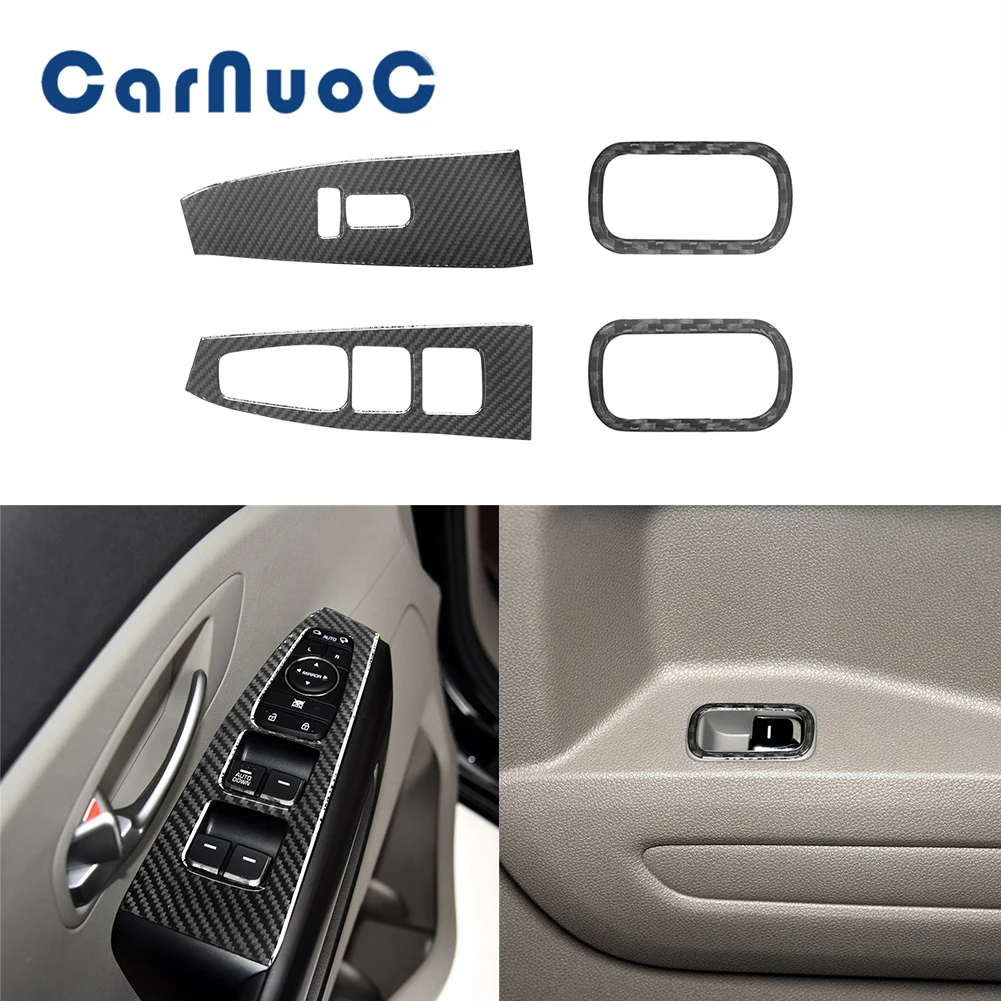 Car Carbon Fiber Cover Stickers For Kia Sedona 2015 2016 Window Lift Panel Decoration Trim With Folding Rearview Mirror Button