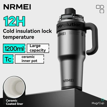 1200ML Ceramic Tumbler Insulated Cup Large Drinkware Stainless Steel Water Bottle Vacuum Flask Straw & Handle Leakproof Mug