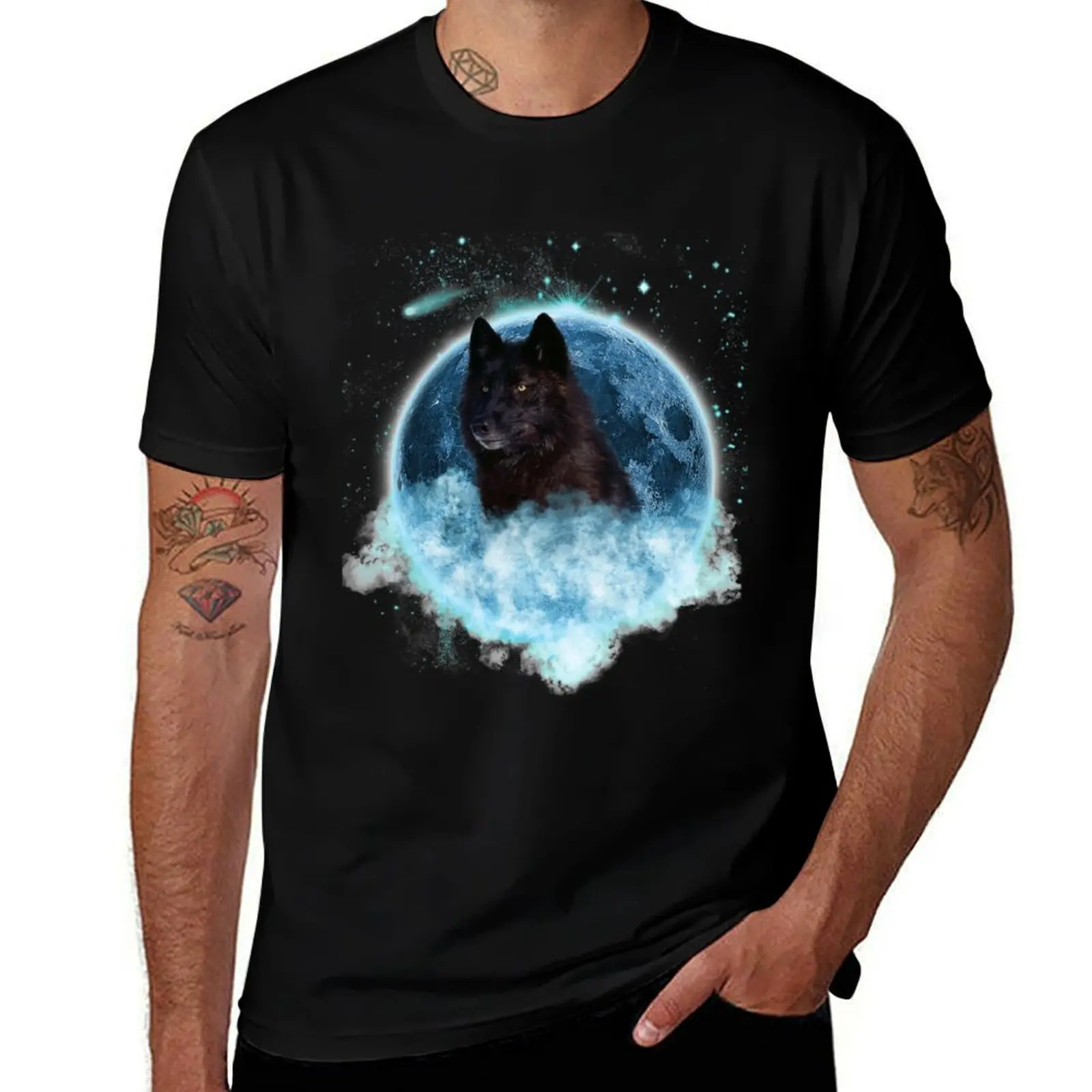 Black Wolf Blue Moon Dream Catcher T-Shirt Casual Simple Design Short Sleeve Shirt T-Shirt