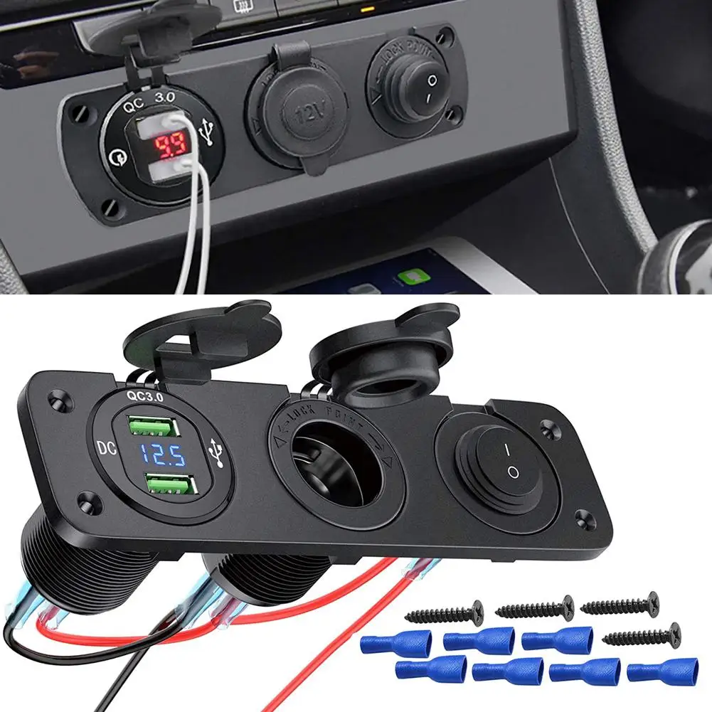 

12-24V RV Car Charger Socket Cigarette Lighter Port Waterproof Switch Combination Charger QC3.0 Quick Charge Dual USB Socket