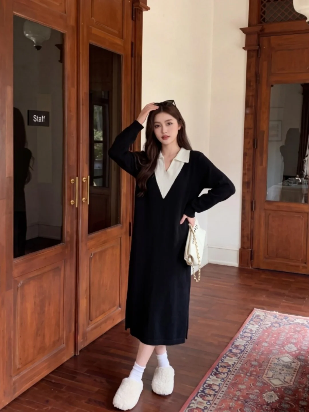  Collar Color Block Long Sleeve Knitted Dress plus Size 300 Pounds Straight Casual Fake Two-Piece Sweater Dress