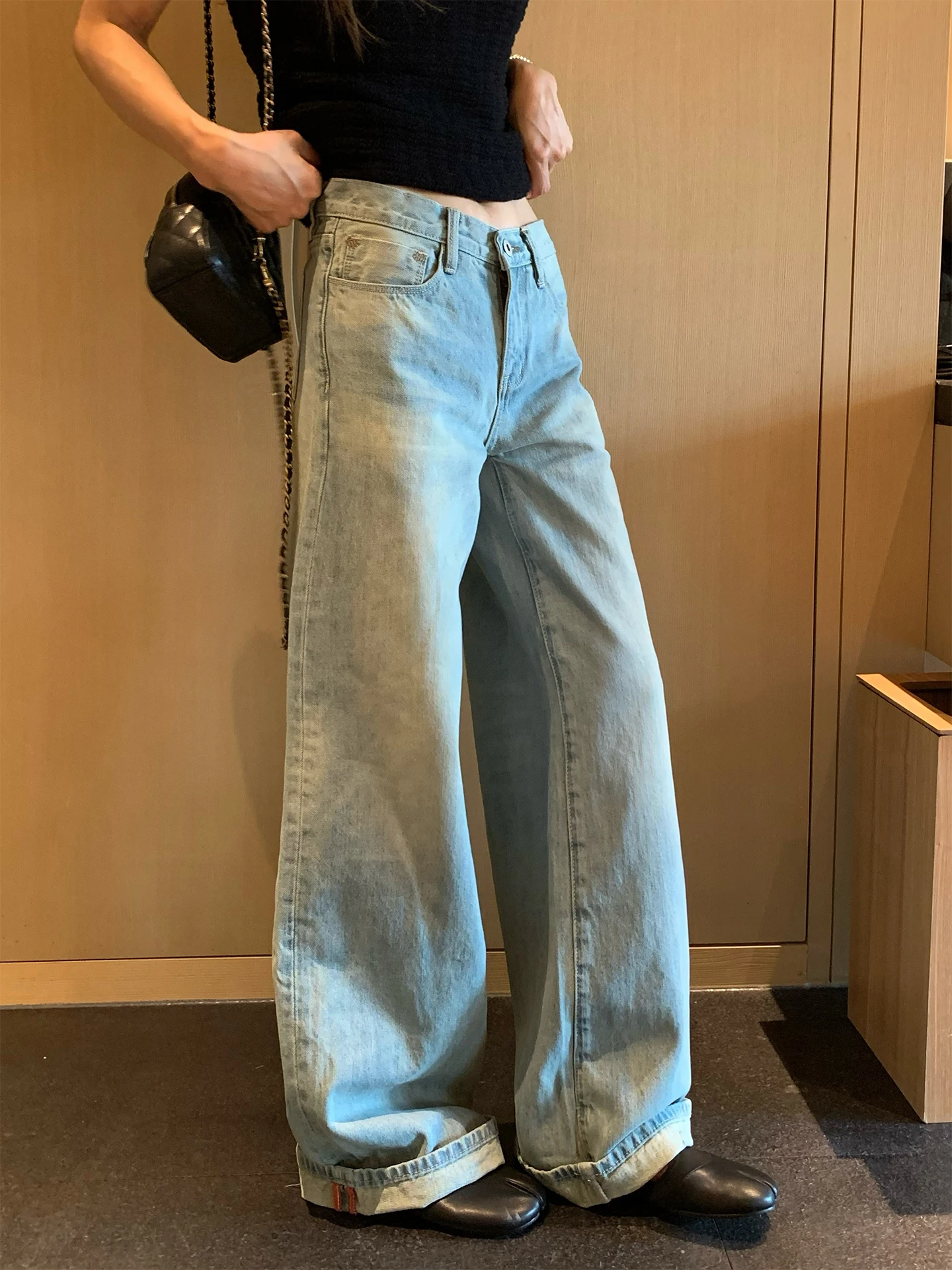 

Summer 1992 Style Women's Straight Leg Jeans Lightweight Blue Draped Loose Fit Retro Washed Cotton Denim Casual Trousers