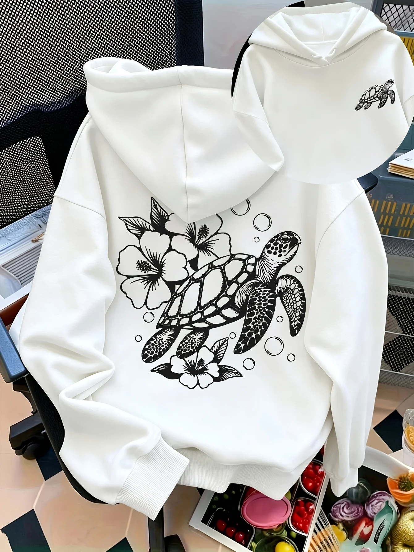 Men's Hawaiian Sea Turtle Sports Hoodie Hibiscus Flower Print Navy Oversized Pullover Streetwear Sweatshirt Spring Autumn