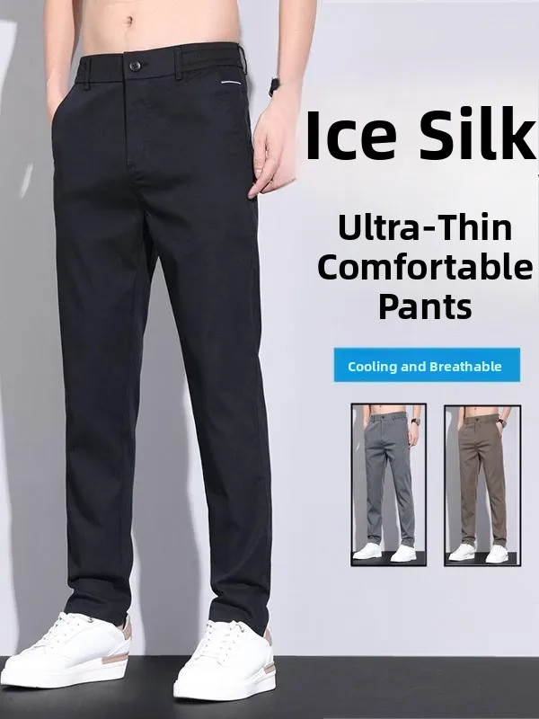 Pantaloni casual a gamba dritta slim fit da uomo Summer Faion Vita elastica Seta ghiacciata Sottile Sle Versione coreana Versatile per il tempo libero Tr...