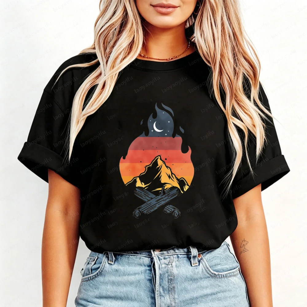 Campfire Mountain Moon Retro Vintage Camping T Shirt Unisex Outdoor Camper Tee Cotton Short Sleeve Night Wilderness Hobby Tops