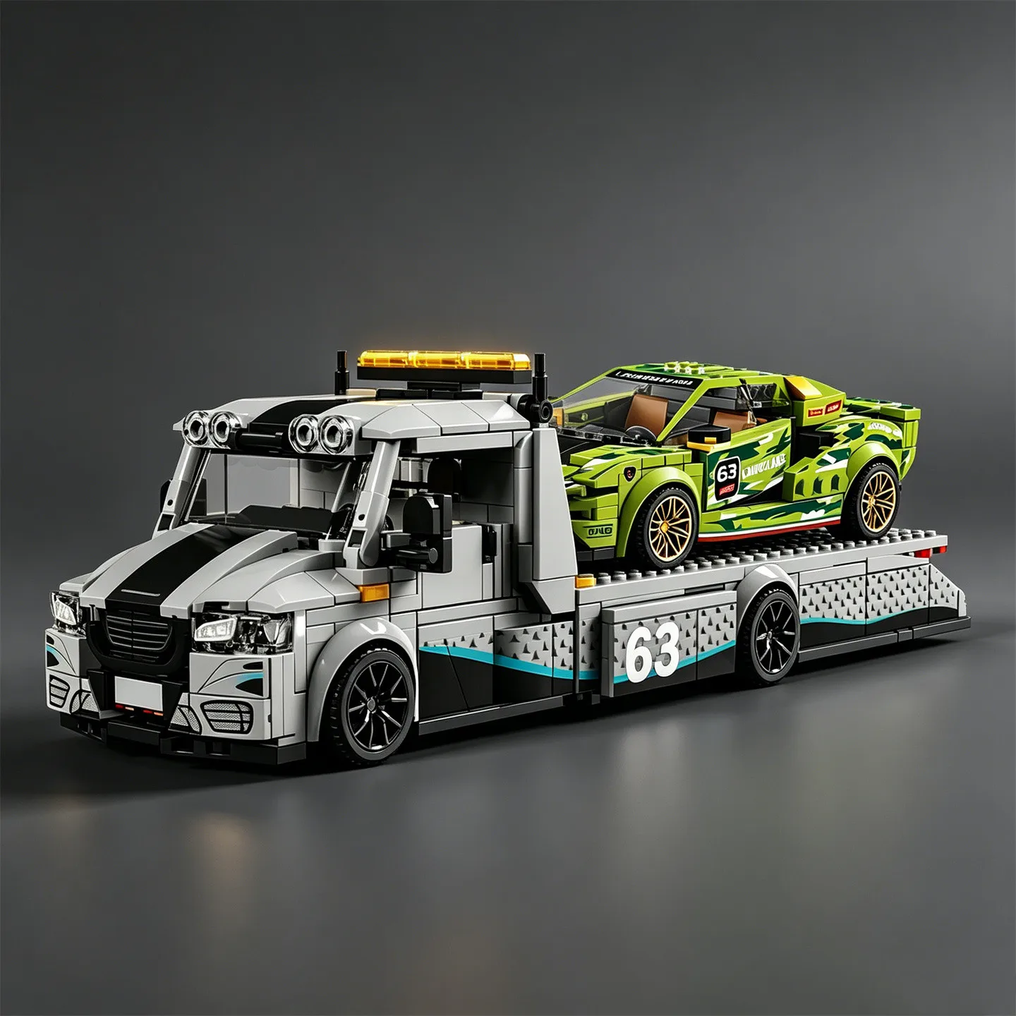 

Sprinters, modified trailers, green supercars, building block race car models, toy cars, transport vehicles, rescue vehicles