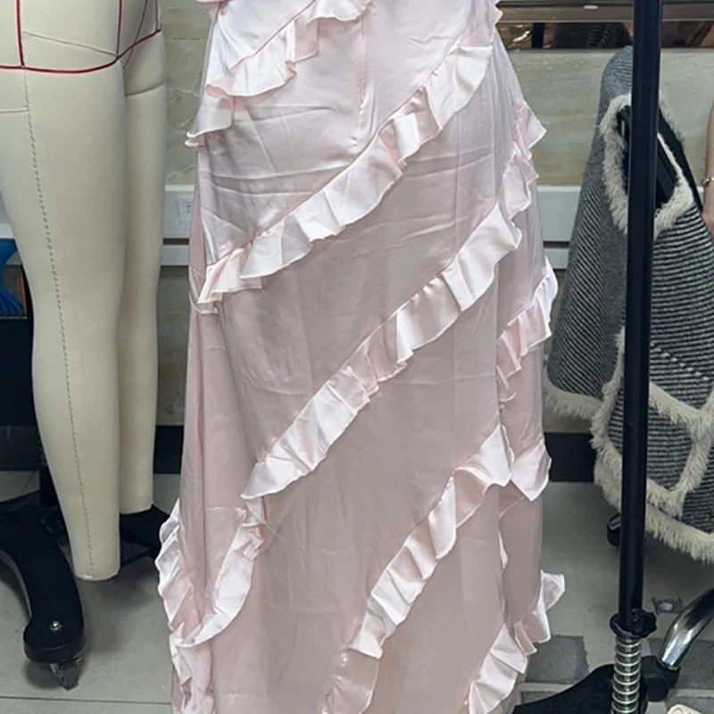 2025 Luxury Women's Soild Color Summer Long Cami Dress Sleeveless Cross Back Ruffle Trim Spaghetti Strap Dress