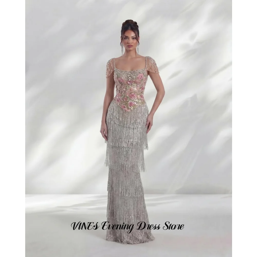 VINES Silver Square Neck Mermaid Prom Dress Floral Lace Beading Evening Dress Multi-Layer Fringe Tassel Party Dress Customized