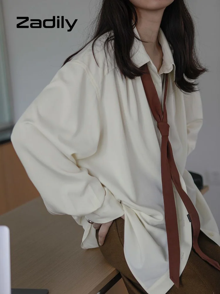 2024 Summer Minimalist Long Sleeve Button Up Shirt Women Korean Style Solid Tie Oversize Shirts Blouse Loose Clothes Autumn Tops