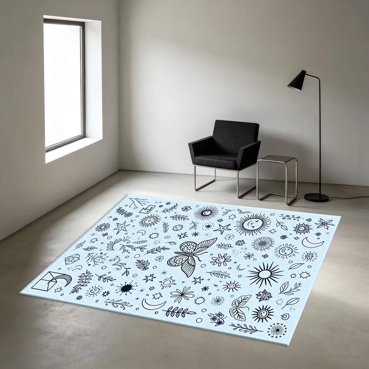 Bohemian Style Graffiti Sun Moon Stars Butterfly Carpet Floor Mat Hand-Painted Bohemian Style Printed Carpet Non-Slip Floor Mat Suitable for Living Room Bedroom Home Decoration