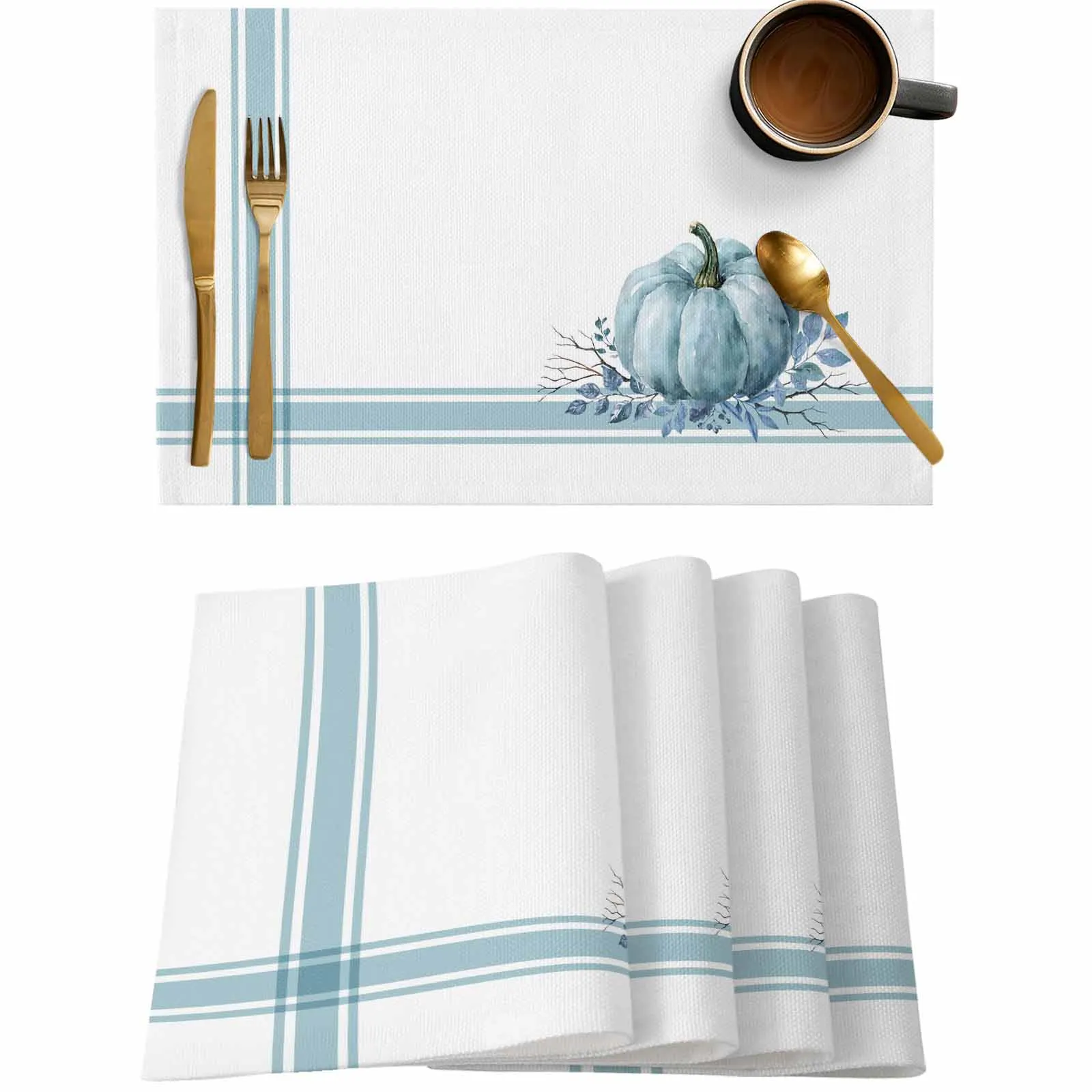 

4/6 Pcs Country Blue Pumpkin Thanksgiving Placemat Wedding Party Dining Decor Linen Table Mat Kitchen Accessories